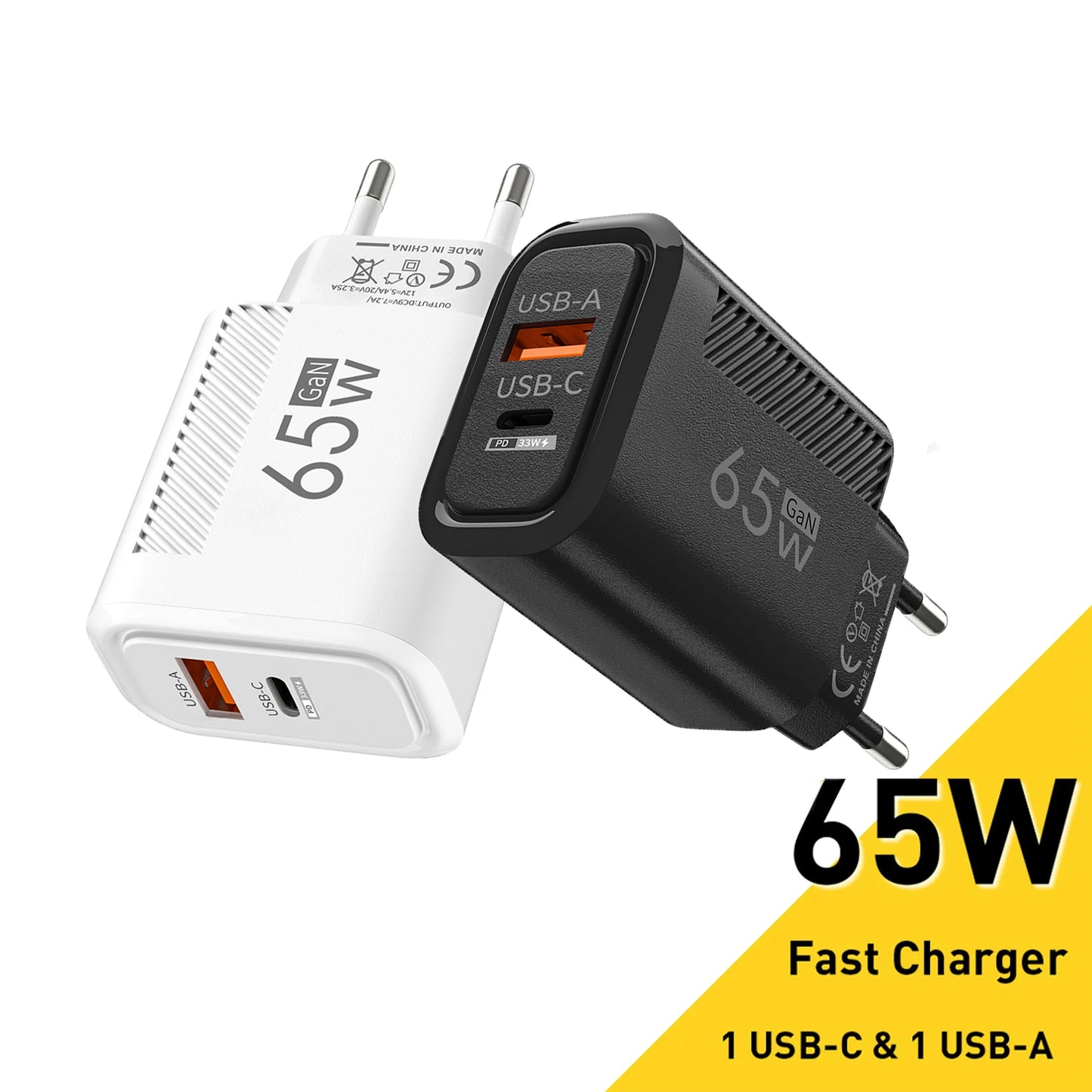 Cargador GaN USB-C de carga rápida de 65 W para teléfonos móviles, adaptador de enchufe UE/EE. UU. para iPhone, Samsung y Xiaomi, cargador de pared tipo C de carga rápida.