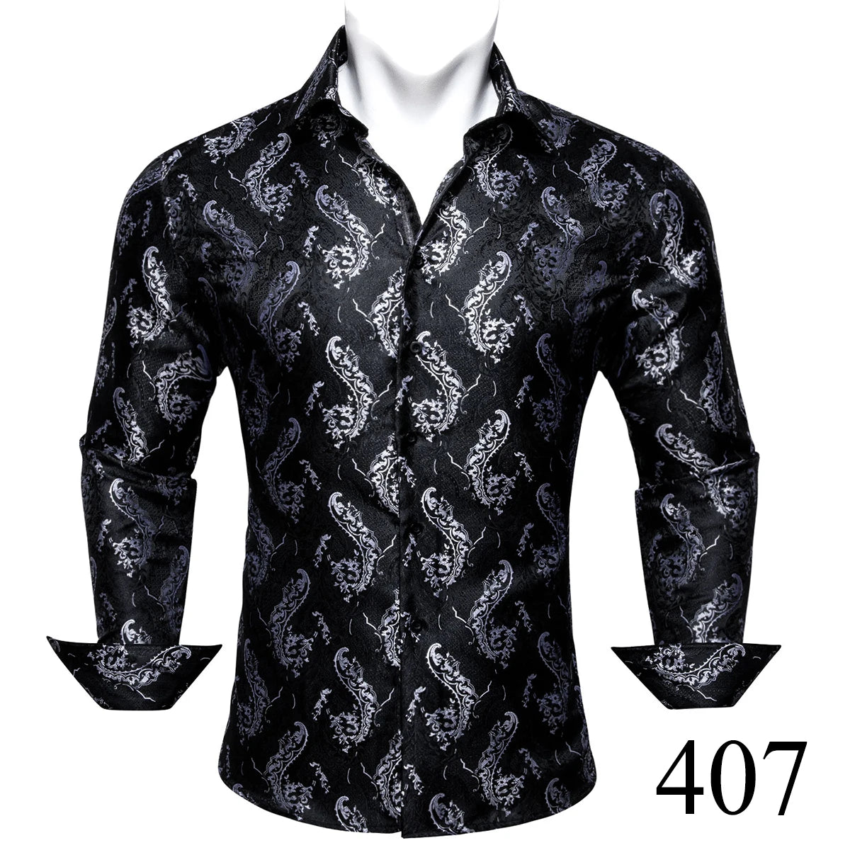 Camisas clásicas negras estampadas y bordadas para hombre, solapa de seda, manga larga, corte formal exquisito, ideales para eventos de negocios y fiestas. Barry.Wang CY-0407