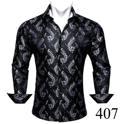Camisas clásicas negras estampadas y bordadas para hombre, solapa de seda, manga larga, corte formal exquisito, ideales para eventos de negocios y fiestas. Barry.Wang CY-0407