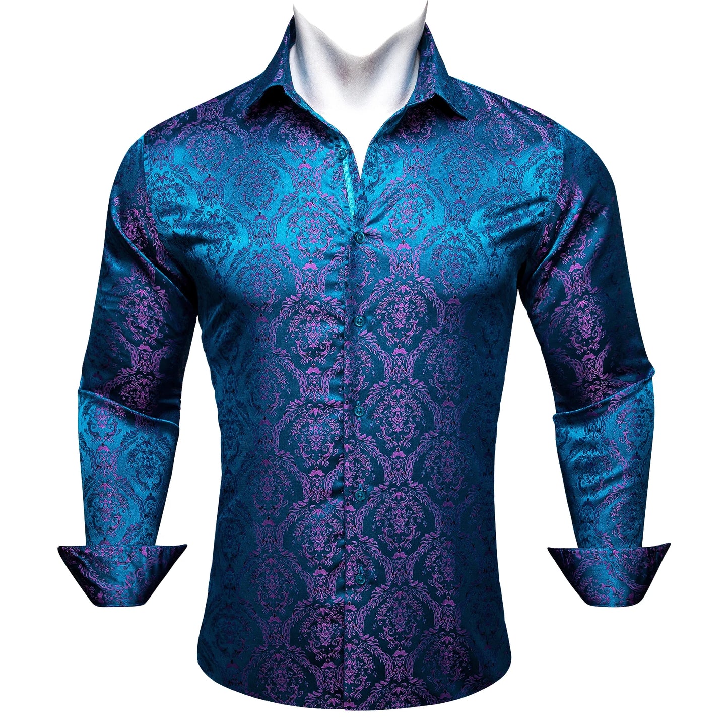 Camisas de seda de diseño para hombre en azul, dorado, verde, rojo, blanco y negro. Estampado cachemir bordado. Corte ajustado. Blusas casuales de manga larga.