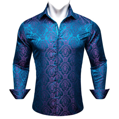 Camisas de seda de diseño para hombre en azul, dorado, verde, rojo, blanco y negro. Estampado cachemir bordado. Corte ajustado. Blusas casuales de manga larga.