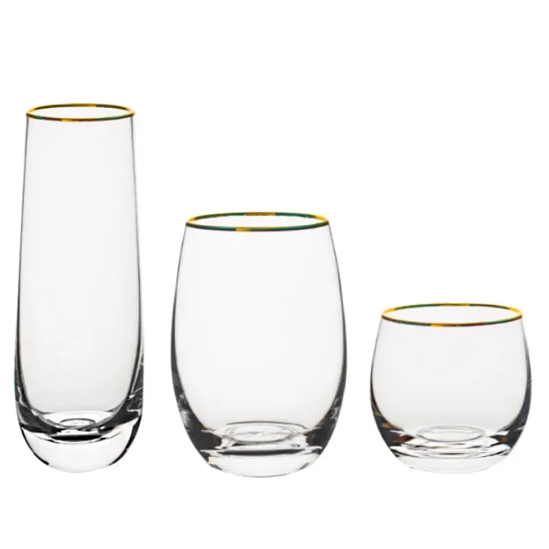 Vaso de agua redondo transparente de vidrio de alta calidad, colorido, con forma de huevo, resistente al calor, con borde dorado, para jugo, para uso doméstico.