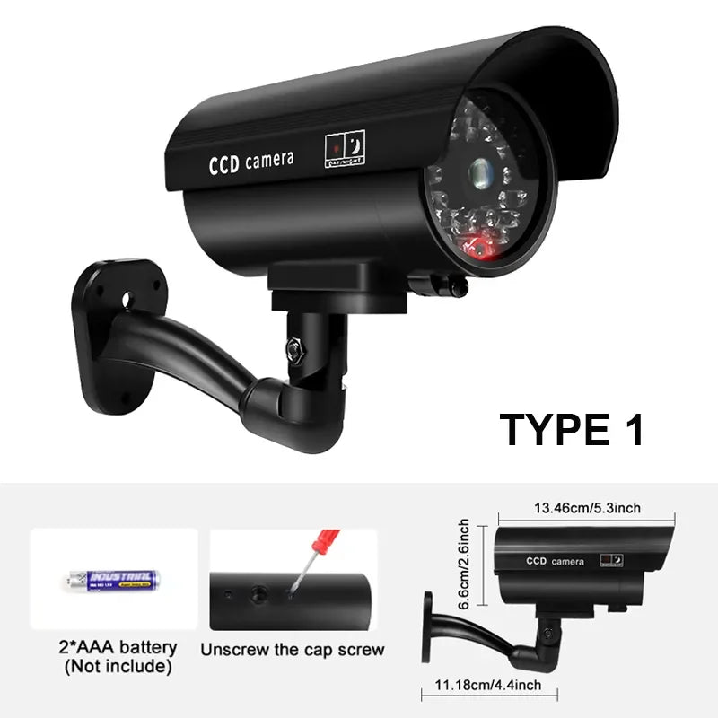 Cámara de seguridad ficticia impermeable para interiores y exteriores, sistema de vigilancia CCTV falso, luces LED rojas intermitentes, sin cableado.
