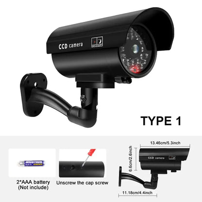 Cámara de seguridad ficticia impermeable para interiores y exteriores, sistema de vigilancia CCTV falso, luces LED rojas intermitentes, sin cableado.