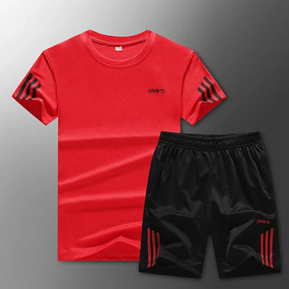 Conjunto de ropa deportiva de verano para hombre, camiseta y pantalones cortos de secado rápido, ropa deportiva para exteriores, talla grande, ligera, de producción china.