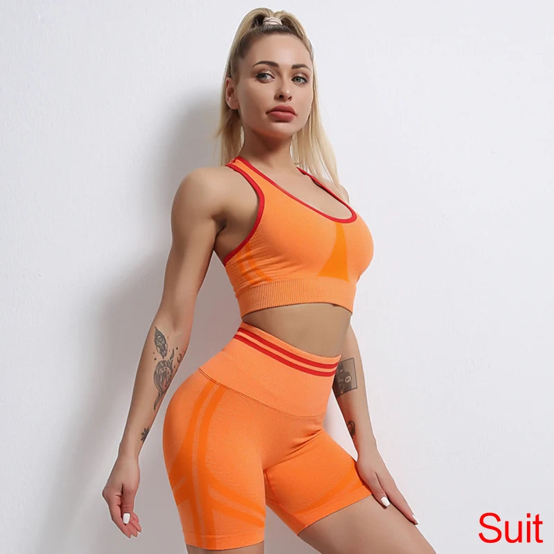 Conjuntos de ropa deportiva de media pieza sin costuras para mujer, conjuntos de gimnasio de manga larga, sujetador deportivo de yoga, leggings push up y mallas deportivas.