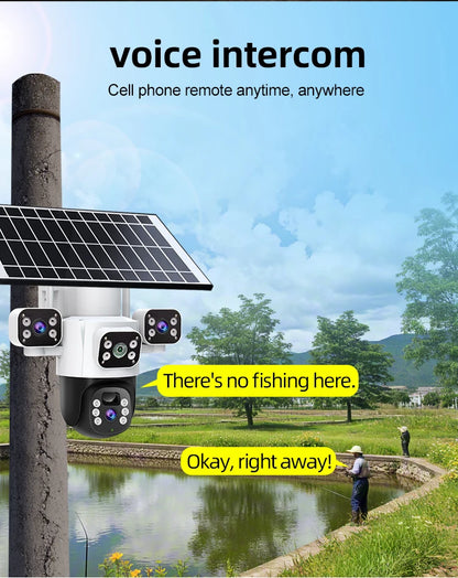 Cámara IP WiFi solar de 12 MP, CCTV con tres lentes y tres pantallas, seguimiento automático, vigilancia exterior 6K 4G, cámara PTZ, protección de seguridad