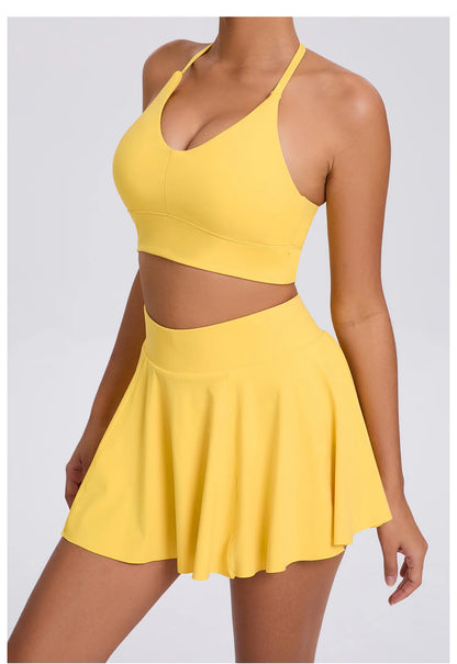 Conjunto de yoga para mujer, sujetador deportivo para exteriores, falda de tenis antiexposición, camiseta sin mangas de yoga transpirable de secado rápido, novedad de 2025