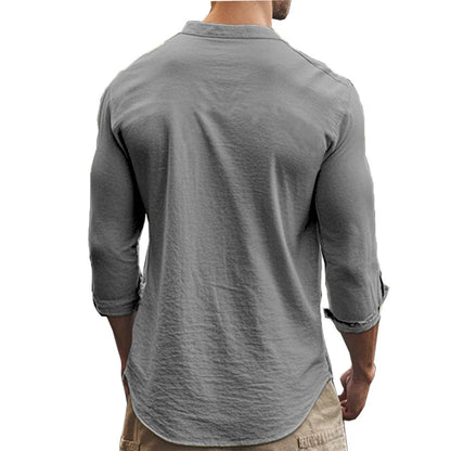 Camisas Henry para hombre, de algodón y lino, corte ajustado, informales, hawaianas, de color liso, estilo básico, para primavera y verano, transpirables.