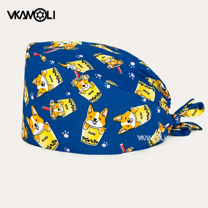 Gorro quirúrgico de algodón con estampado de dibujos animados multicolor para peluquería de mascotas, ajustable, para salón de belleza, enfermería, médico y enfermera.