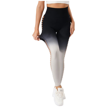 Womens Hip Tight Yoga Pants High Waist Side Hollowed-Out Mesh Design Exercise Yoga Leggings Running Gym Fitness