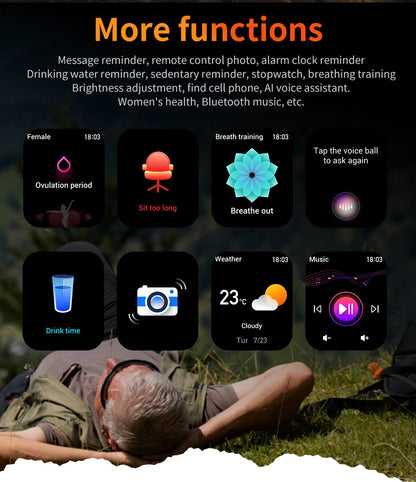 Reloj inteligente de 2,01 pulgadas para hombre y mujer, con linterna LED, control del ritmo cardíaco, para deportes al aire libre y fitness, resistente al agua