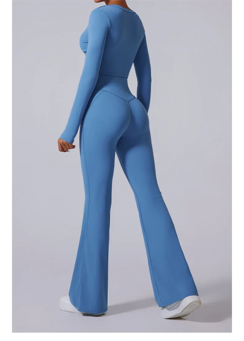 Conjunto de yoga para mujer: pantalones acampanados, ropa deportiva para gimnasio, top push-up de manga larga, estilo deportivo y sexy.