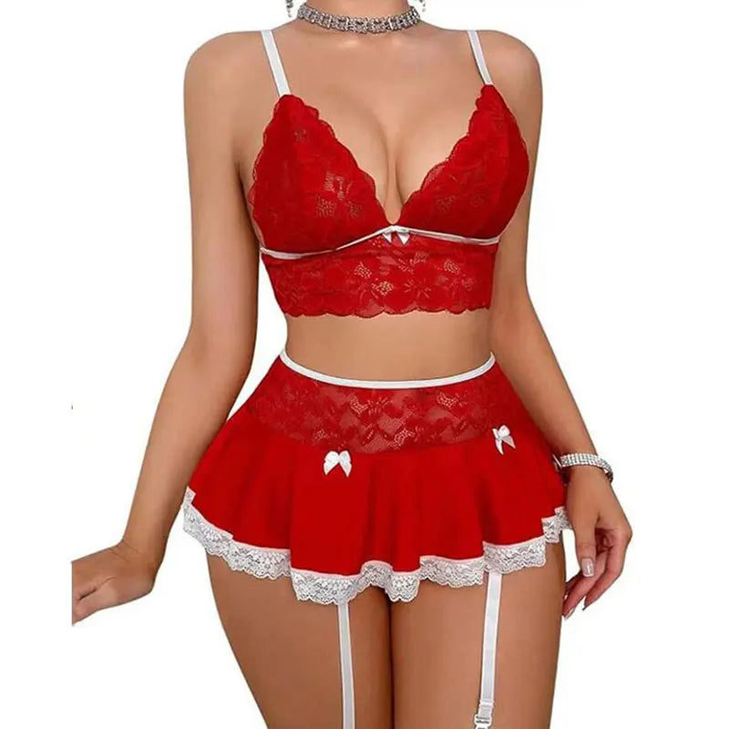 Cosplay Sexy Ropa Interior Sin Costuras Elegante Traje Erótico Para Mujer Sujetador Abierto Fantasía Mini Falda Conjunto De Liga