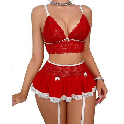 Cosplay Sexy Ropa Interior Sin Costuras Elegante Traje Erótico Para Mujer Sujetador Abierto Fantasía Mini Falda Conjunto De Liga