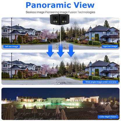 Cámara panorámica de doble luz de 4 MP y 8 MP con PoE, micrófono y altavoz integrados, detección humana, visión nocturna a color y sistema de vigilancia compatible con Hikvision.