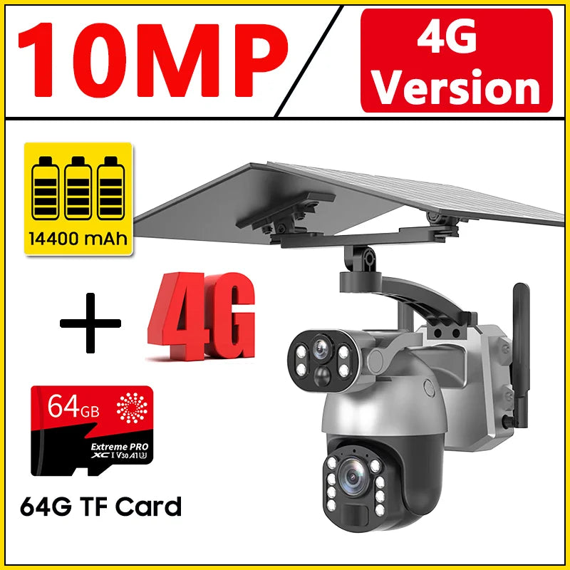 Cámara de seguridad exterior con zoom óptico de 10 MP y 50x, doble lente, SIM 4G, energía solar, Wi-Fi, PTZ, detección humana, grabación y visión nocturna. 10 MP, zoom óptico de 50x, doble lente, 4G, SIM, solar.