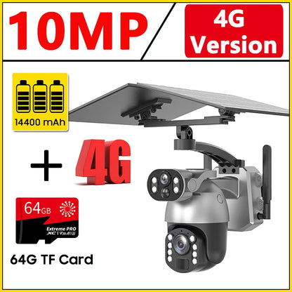 Cámara de seguridad exterior con zoom óptico de 10 MP y 50x, doble lente, SIM 4G, energía solar, Wi-Fi, PTZ, detección humana, grabación y visión nocturna. 10 MP, zoom óptico de 50x, doble lente, 4G, SIM, solar.