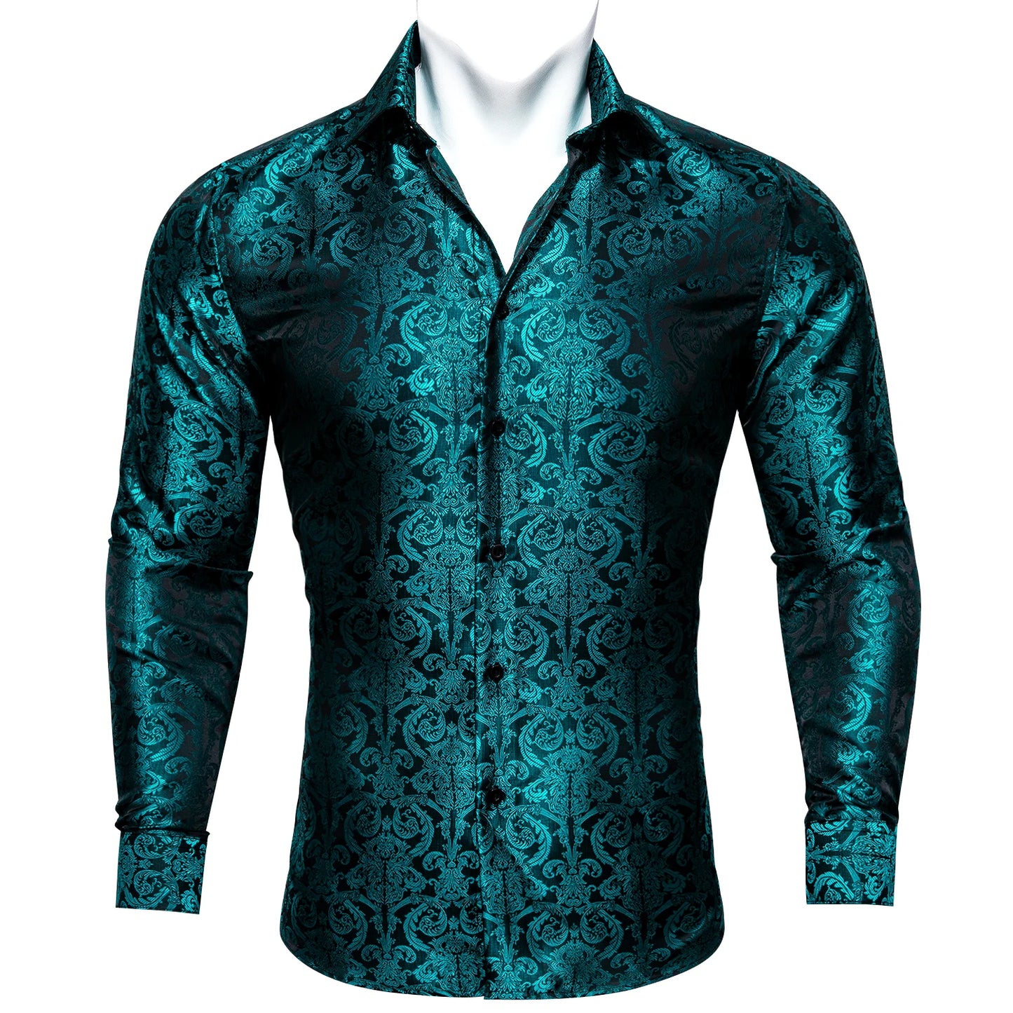 Camisas clásicas negras estampadas y bordadas para hombre, solapa de seda, manga larga, corte formal exquisito, ideales para eventos de negocios y fiestas. Barry.Wang CY-0407