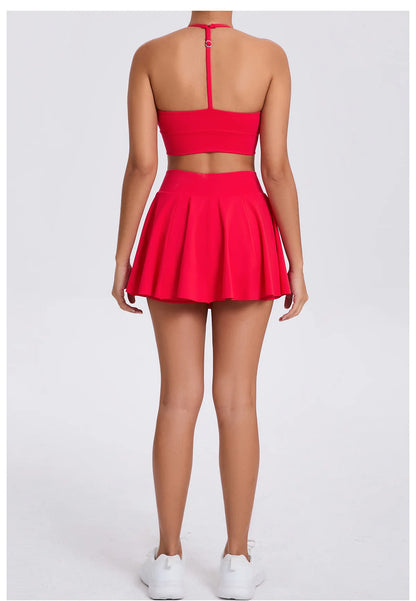 Conjunto de yoga para mujer, sujetador deportivo para exteriores, falda de tenis antiexposición, camiseta sin mangas de yoga transpirable de secado rápido, novedad de 2025