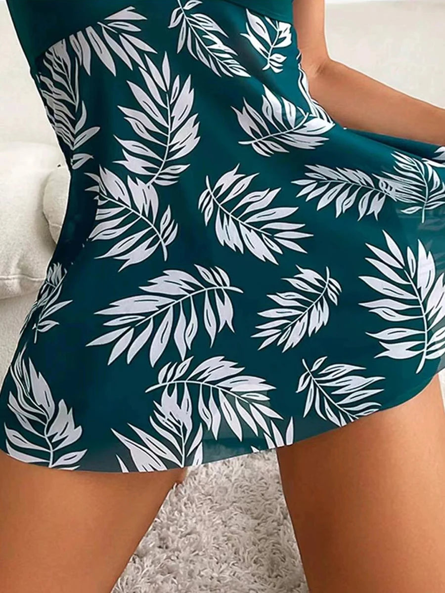 2025 Vestido corto tankini con pantalones cortos traje de baño para mujer traje de baño femenino acolchado estampado traje de baño natación ropa de playa verano