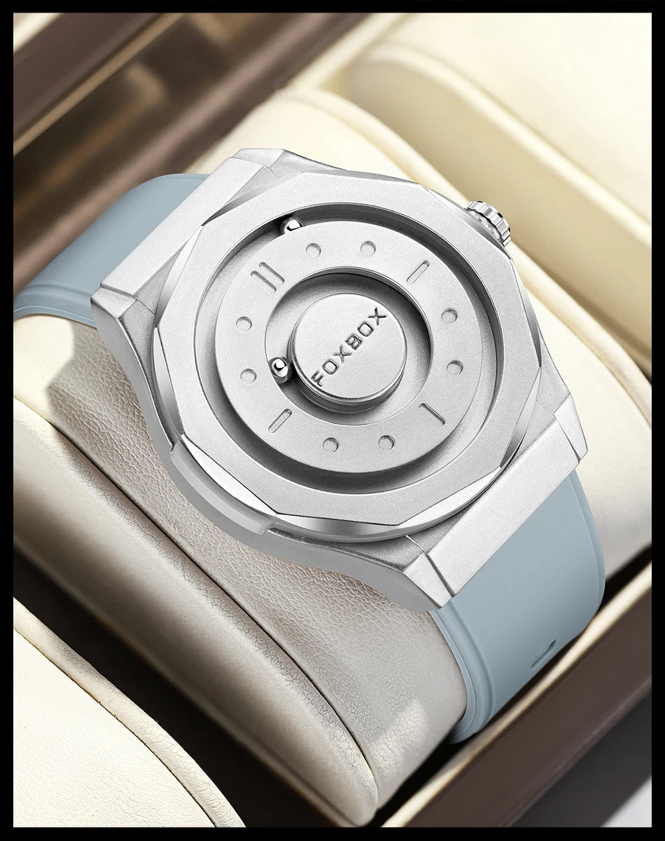 FOXBOX Reloj impermeable para hombre, marca de moda superior, de lujo, con puntero de desplazamiento y fuerza magnética, relojes de pulsera de cuarzo para hombre, Montre Homme