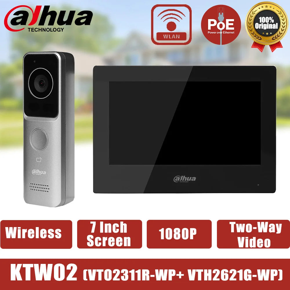 Dahua KTW02 Kit de videoportero IP PoE Sistema de monitor de vídeo WiFi inteligente VTO2311R-WP Timbre con pantalla de 7 pulgadas VTH2621G-WP