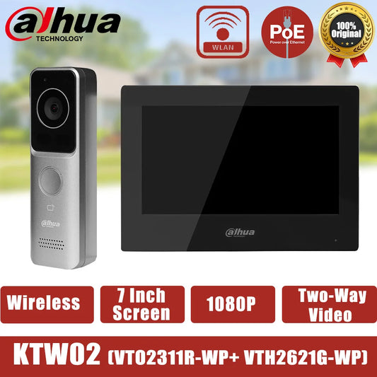 Dahua KTW02 Kit de videoportero IP PoE Sistema de monitor de vídeo WiFi inteligente VTO2311R-WP Timbre con pantalla de 7 pulgadas VTH2621G-WP