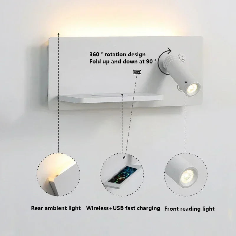 Lámpara de pared LED, luz de lectura, dormitorio, teléfono, carga inalámbrica, carga USB, luces de pared giratorias, lámpara de lado para sala de estar