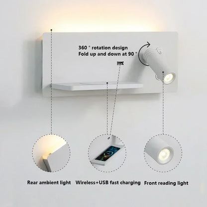 Lámpara de pared LED, luz de lectura, dormitorio, teléfono, carga inalámbrica, carga USB, luces de pared giratorias, lámpara de lado para sala de estar