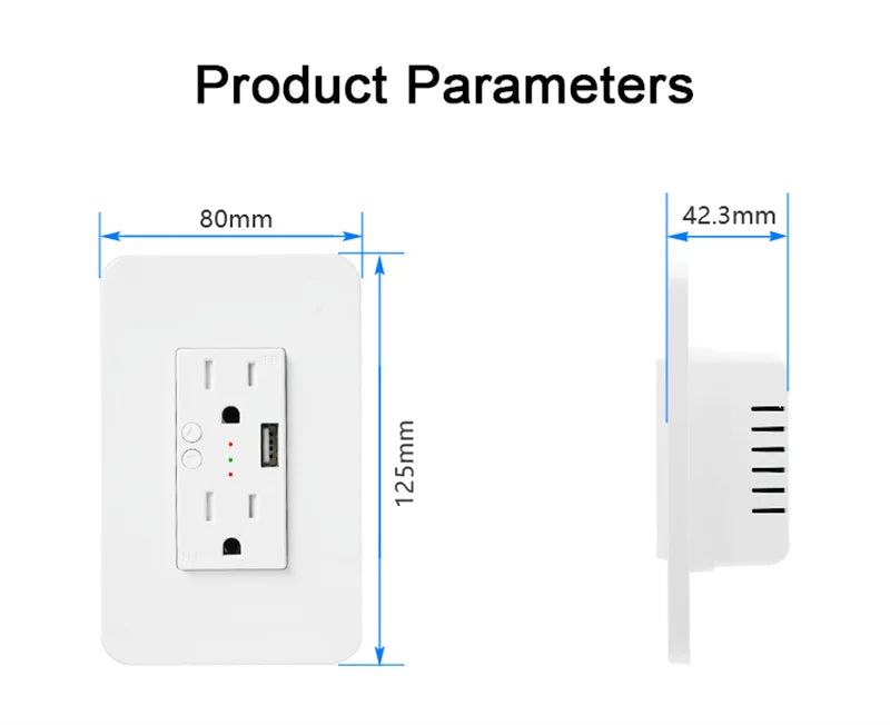 Enchufe inteligente Milfra Wifi de doble pared con toma de corriente estadounidense, puerto de carga USB, encendido/apagado, control remoto por voz mediante la aplicación Tuya Smart Life.