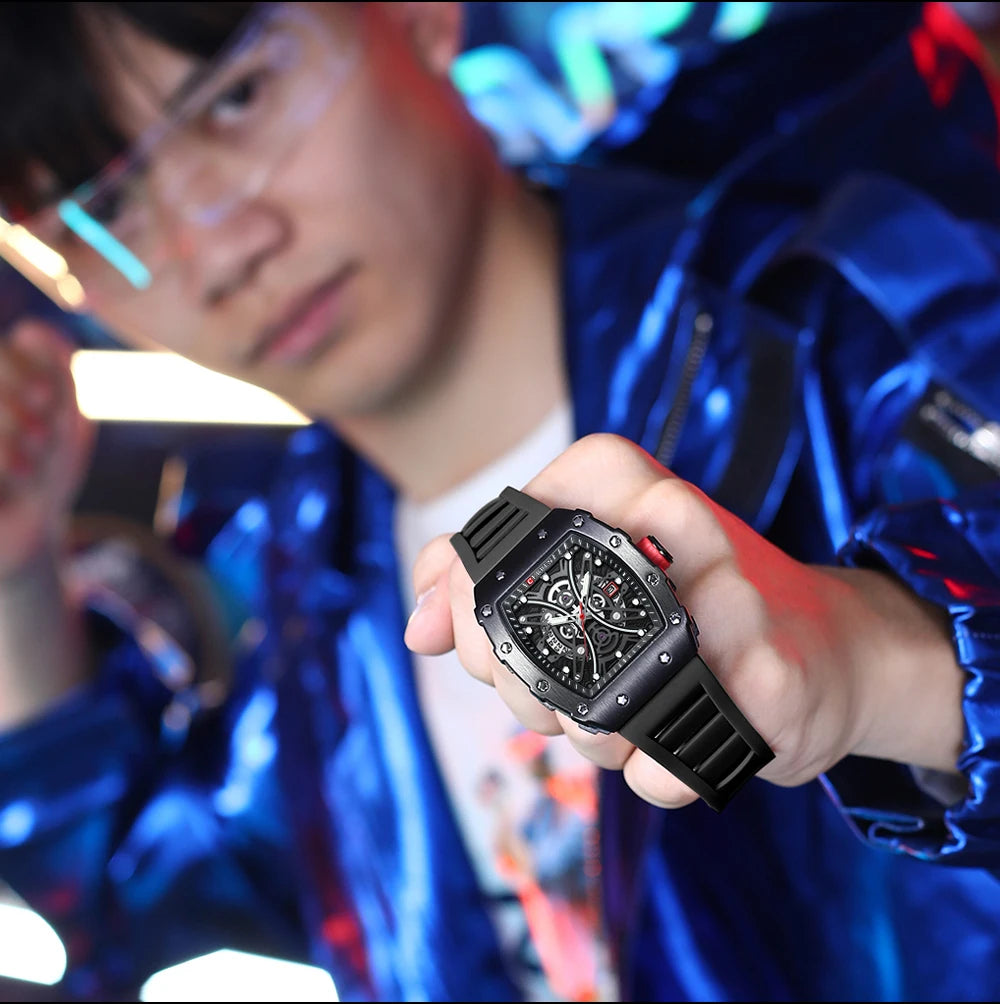 Reloj CURREN 3D para hombre, de cuarzo, de acero inoxidable, resistente al agua, creativo, con correa de silicona, reloj de pulsera