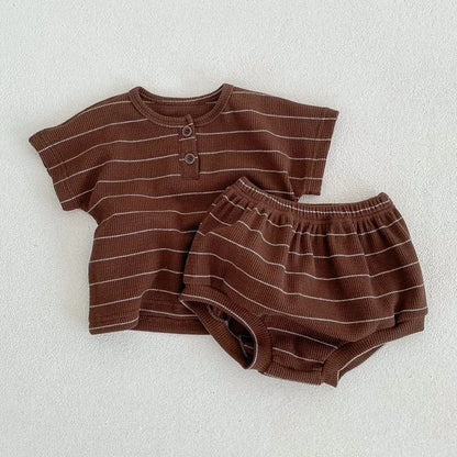Ropa para niños de 0 a 3 años, conjunto de camiseta y pantalones cortos de algodón puro a rayas de verano, conjunto de manga corta para niñas y vacaciones en la playa