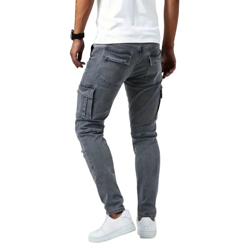 Pantalones vaqueros ajustados elásticos para hombre, pantalones vaqueros lisos de corte ajustado, pantalones cargo con múltiples bolsillos, pantalones casuales de moda para hombre