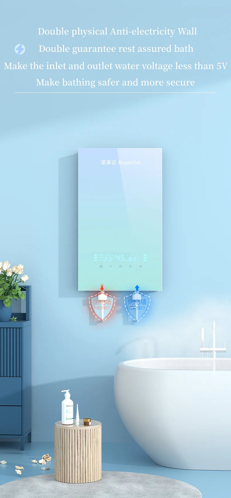 Calentador de agua eléctrico de calentamiento instantáneo para hogares pequeños. Calentamiento rápido, 8500 W. Temperatura constante inteligente. Sin depósito de agua.