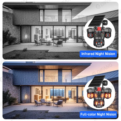Cámara de vigilancia solar 8K 15MP con tres pantallas, WiFi, seguimiento automático, PTZ, tarjeta SIM 4G, cámara IP solar inalámbrica V380 Pro