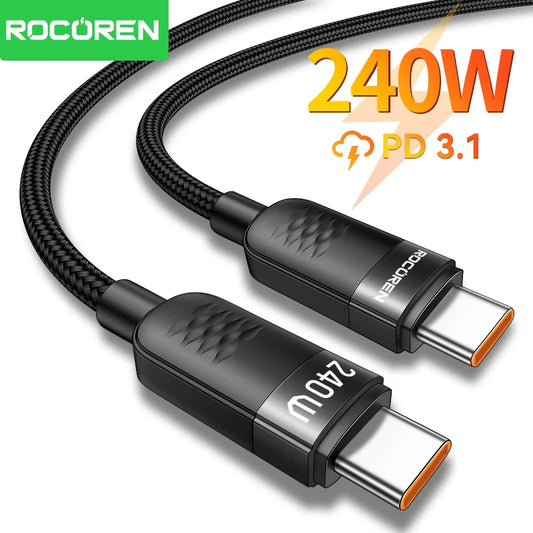 Cable de datos Rocoren de 240 W tipo C a USB-C PD3.1 de carga rápida y 100 W tipo C para MacBook, iPhone 16, Samsung y Xiaomi.