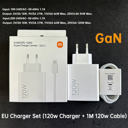 Cargador original Xiaomi de 120 W con conector tipo C y carga rápida GaN. Compatible con Xiaomi Mi 17, 14 Pro, 13t, Poco F7 Ultra, F4 GT y Redmi Note 13 Pro+.