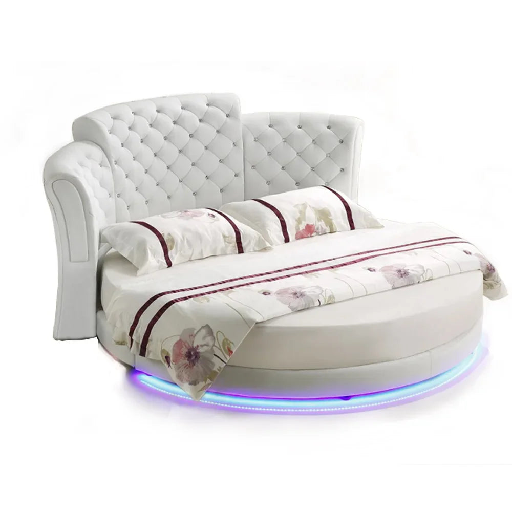 Marco de cama inteligente, camas para dormitorio, camas iluminadas, muebles de dormitorio, luz LED redonda de cuero genuino
