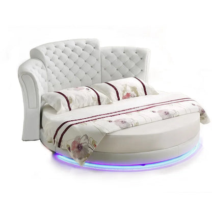 Marco de cama inteligente, camas para dormitorio, camas iluminadas, muebles de dormitorio, luz LED redonda de cuero genuino