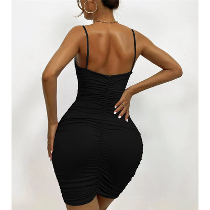 7 Color Sexy Wrinkled Pleated V Neck Sling Dress Short Club Ladies 2025 Summer Bodycon Dress Evening Party Tight Mini Dress D007