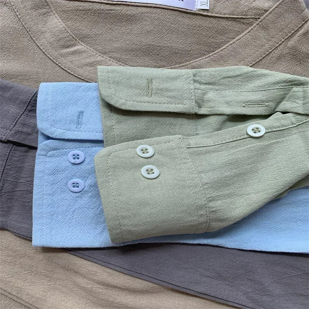 Camisa de lino 100 % algodón de manga larga con bordado de alta calidad para hombre, nueva camiseta informal holgada de negocios para otoño