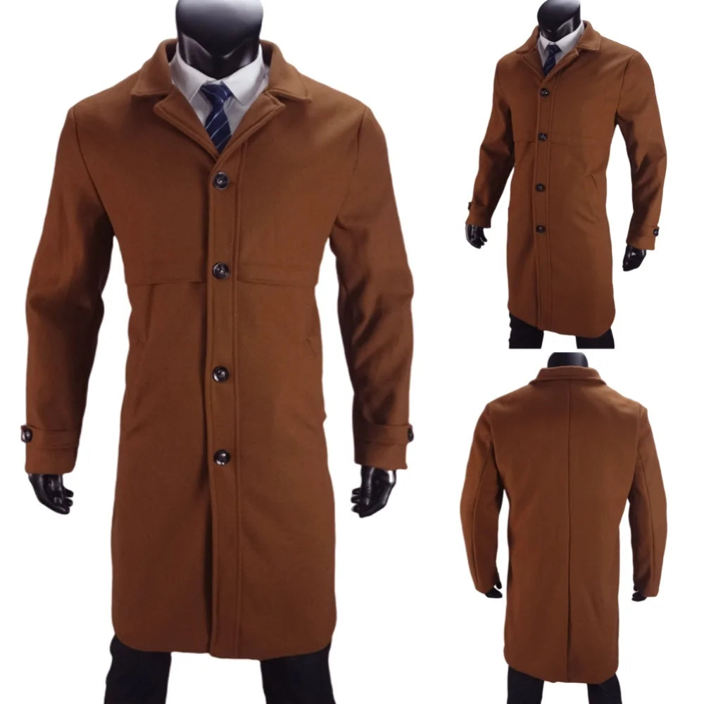 Abrigo de solapa para hombre, traje informal de oficina y urbano, mezcla de lana, para actividades al aire libre, con forro, chaqueta larga, talla europea/estadounidense, de un solo botón.
