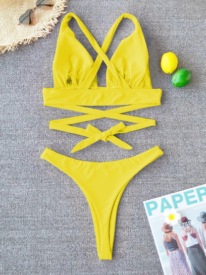 Bikini sexy 2025, traje de baño liso para mujer, traje de baño para mujer, conjunto de bikini push up con vendaje cruzado, traje de baño para playa, traje de baño