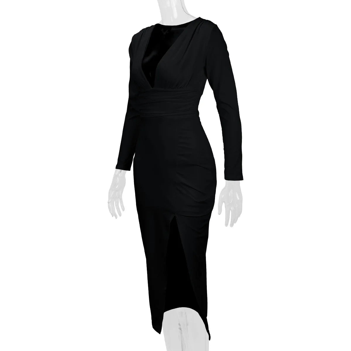 2025 Autumn Winter Female Fashion Slim Fit Long Sleeve V Neck Dress Women's Sexy Slit Knee Length Midi Dress Regular Shoulder