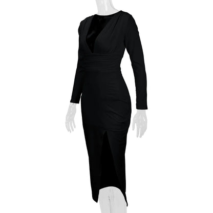 2025 Autumn Winter Female Fashion Slim Fit Long Sleeve V Neck Dress Women's Sexy Slit Knee Length Midi Dress Regular Shoulder