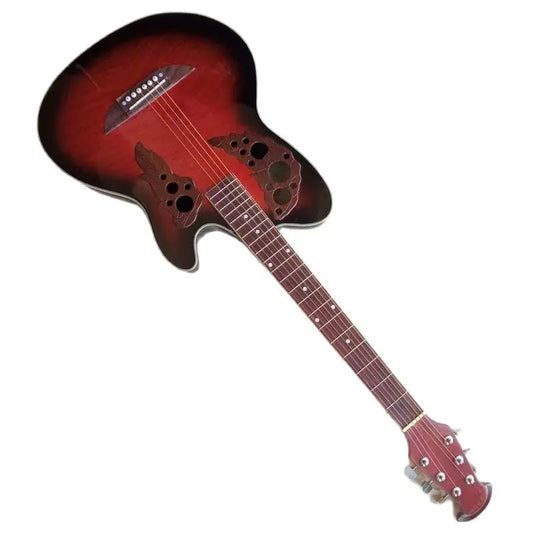 Guitarra acústica de fondo redondo con pequeños defectos, tapa flameada de alto brillo, 6 cuerdas, 38"