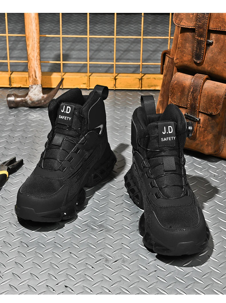 Zapatos de seguridad de caña alta para hombre con botón giratorio, resistentes a impactos y perforaciones, zapatillas de moda para hombre, calzado de seguridad profesional.