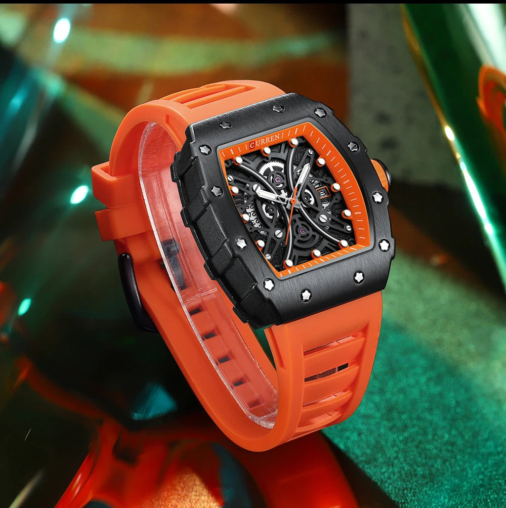 Reloj CURREN 3D para hombre, de cuarzo, de acero inoxidable, resistente al agua, creativo, con correa de silicona, reloj de pulsera