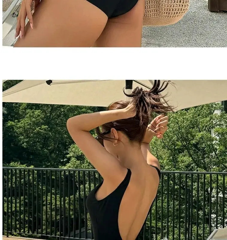 Traje de baño de una pieza con tirantes y espalda en V para chica sexy de 2025. Traje de baño de bikini sin espalda con fruncido de aguas termales.